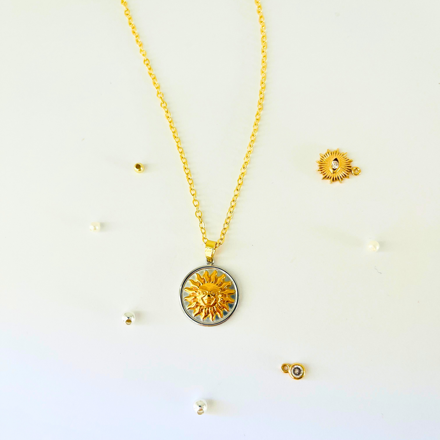 Two-Tone Vintage Sun Necklace | Gold Plated Chain with Water-Resistant Pendant Necklace
