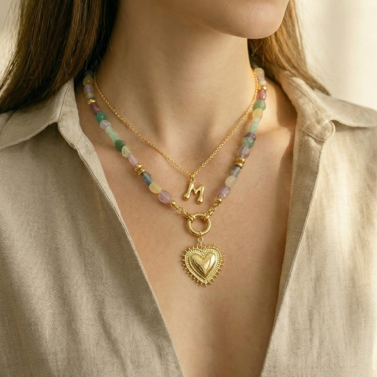 14K Gold Plated Bubble Letter Initial Necklace | Personalized Alphabet Charm Gemstone Necklace