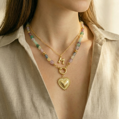 14K Gold Plated Bubble Letter Initial Necklace | Personalized Alphabet Charm Gemstone Necklace