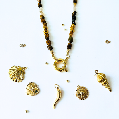 Natural Tiger Eye & Montana Agate Necklace | Gold Bolt Clasp Gemstone Necklace