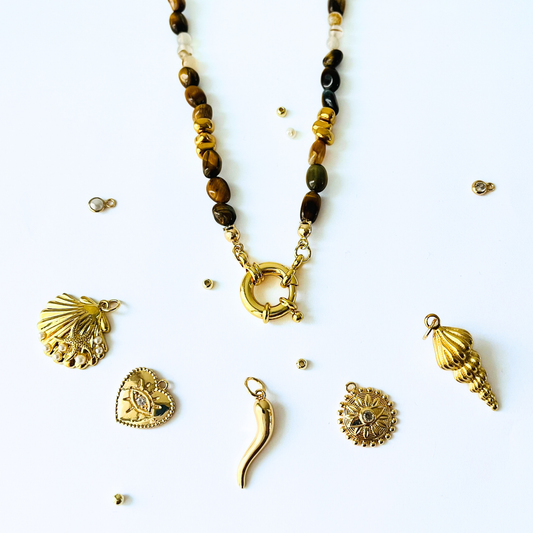 Natural Tiger Eye & Montana Agate Necklace | Gold Bolt Clasp Gemstone Necklace
