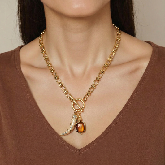 Toggle Clasp Chunky Necklace | Multi-Colour Tusk & Brown Glass Bead Pendant | 14K Gold Plated