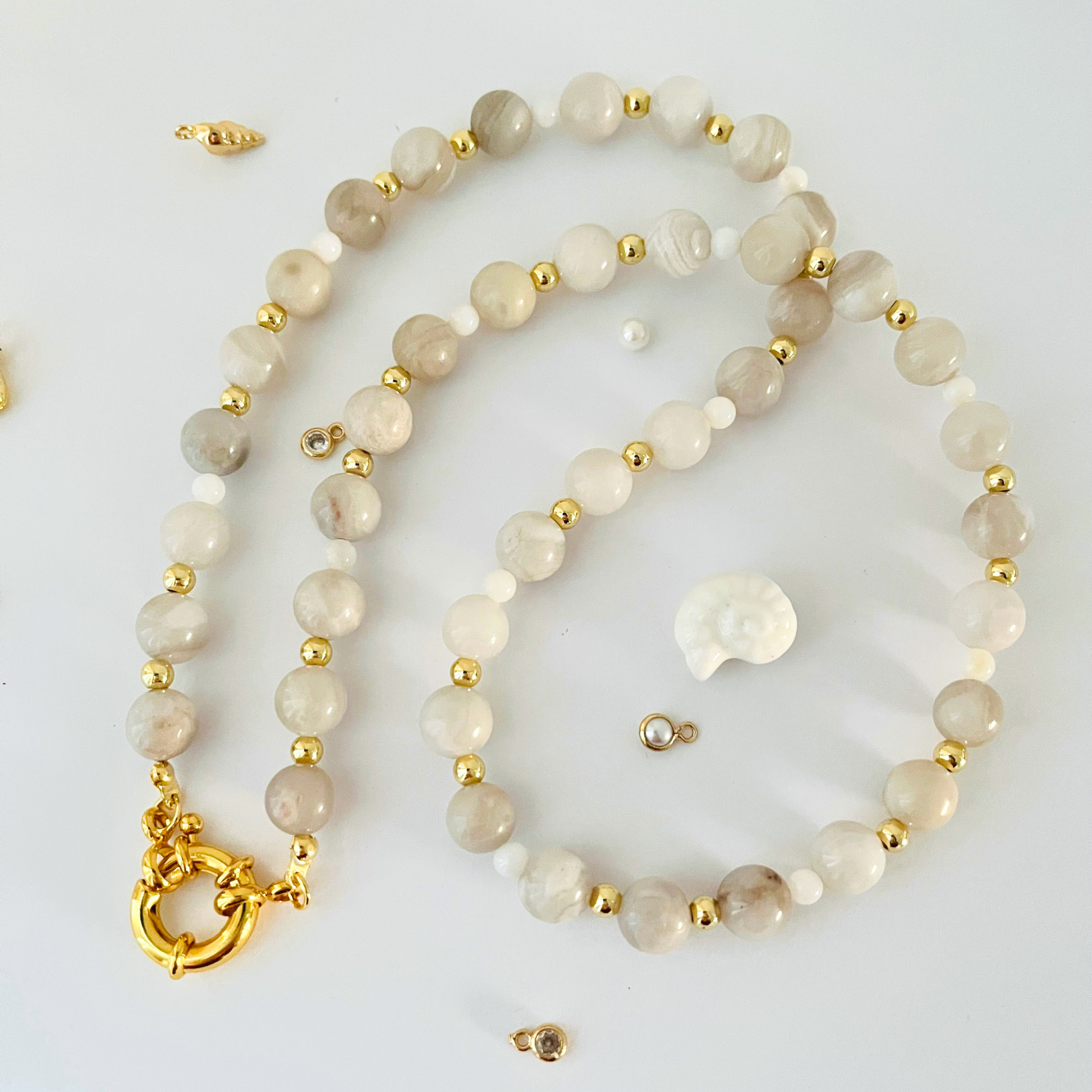 White Crazy Lace Agate Gemstone Necklace with Gold-Plated Charm Clasp Gemstone Necklace