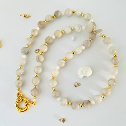 White Crazy Lace Agate Gemstone Necklace with Gold-Plated Charm Clasp Gemstone Necklace