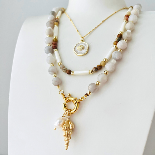 White Crazy Lace Agate Gemstone Necklace with Gold-Plated Charm Clasp Gemstone Necklace