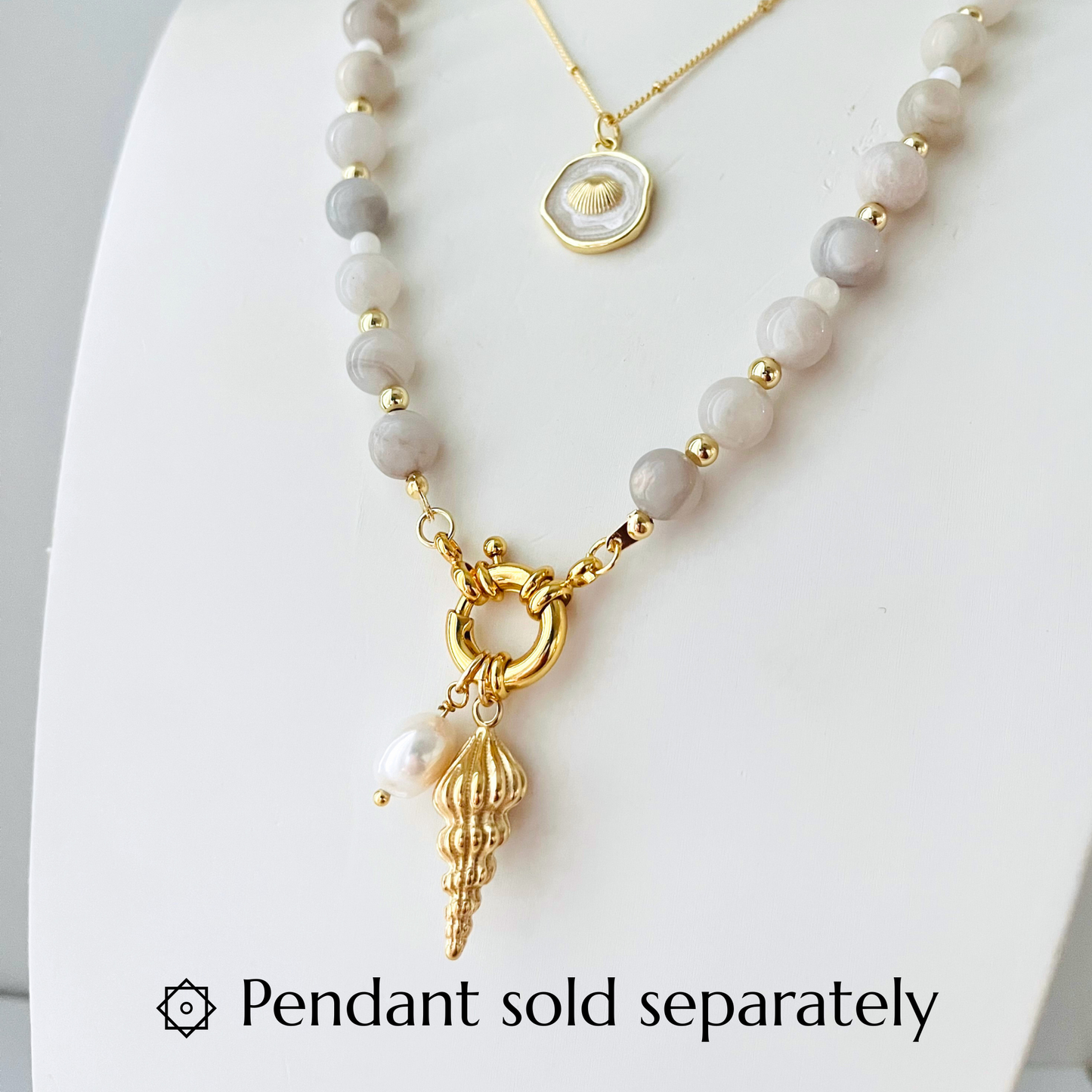 White Crazy Lace Agate Gemstone Necklace with Gold-Plated Charm Clasp Gemstone Necklace