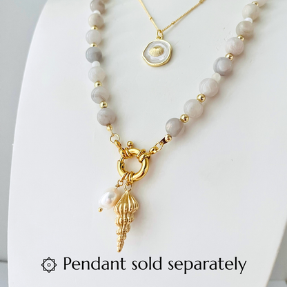 White Crazy Lace Agate Gemstone Necklace with Gold-Plated Charm Clasp Gemstone Necklace