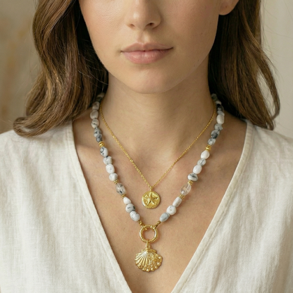 Ocean Treasures | 14K Gold Plated Starfish Fossil Necklace | Textured Coin Pendant Necklace