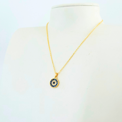 Deep Blue CZ Disk Pendant Necklace | Gold Mini Round Pendant Australia Necklace