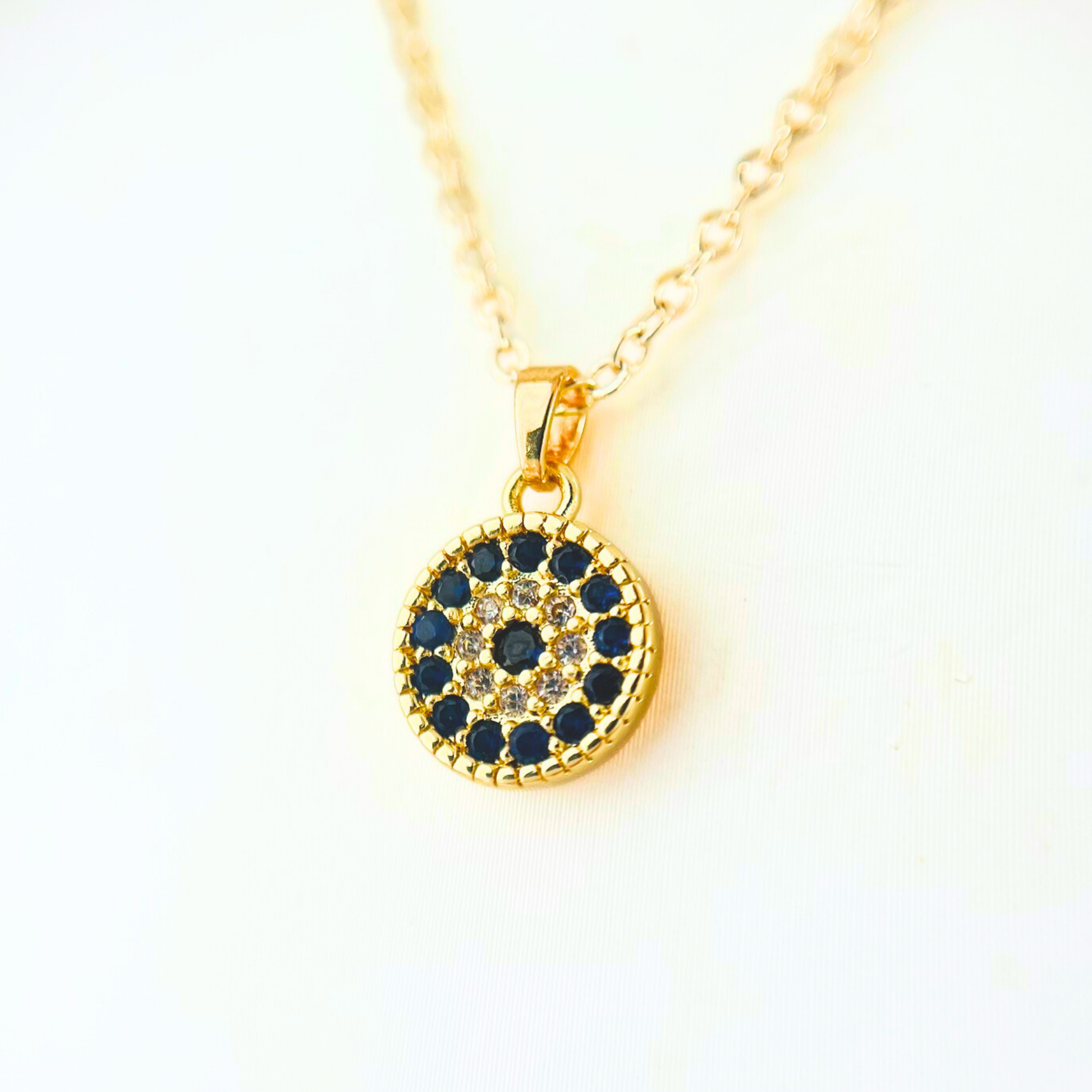 Deep Blue CZ Disk Pendant Necklace | Gold Mini Round Pendant Australia Necklace