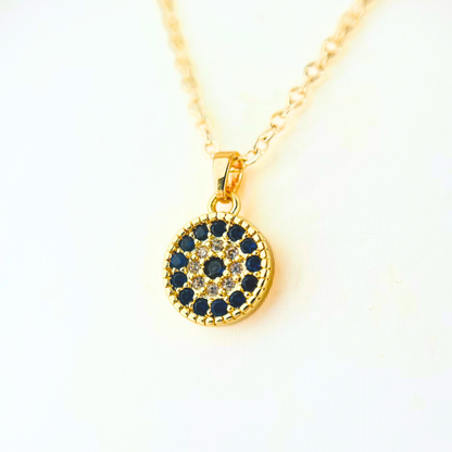 Deep Blue CZ Disk Pendant Necklace | Gold Mini Round Pendant Australia Necklace