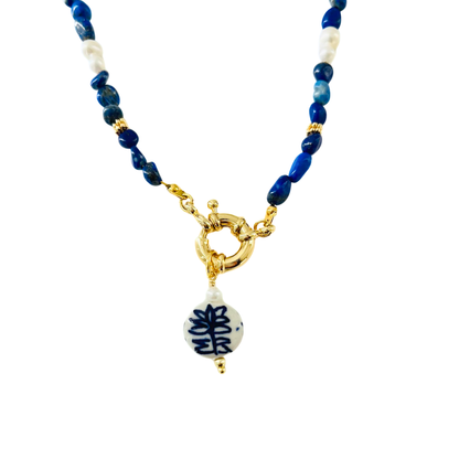 Floral Round Porcelain Charm Pendant - Blue & White Interchangeable Pendant