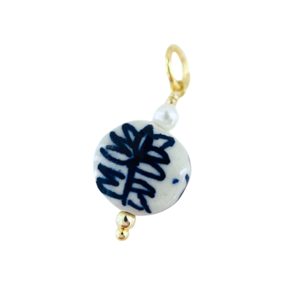 Floral Round Porcelain Charm Pendant - Blue & White Interchangeable Pendant