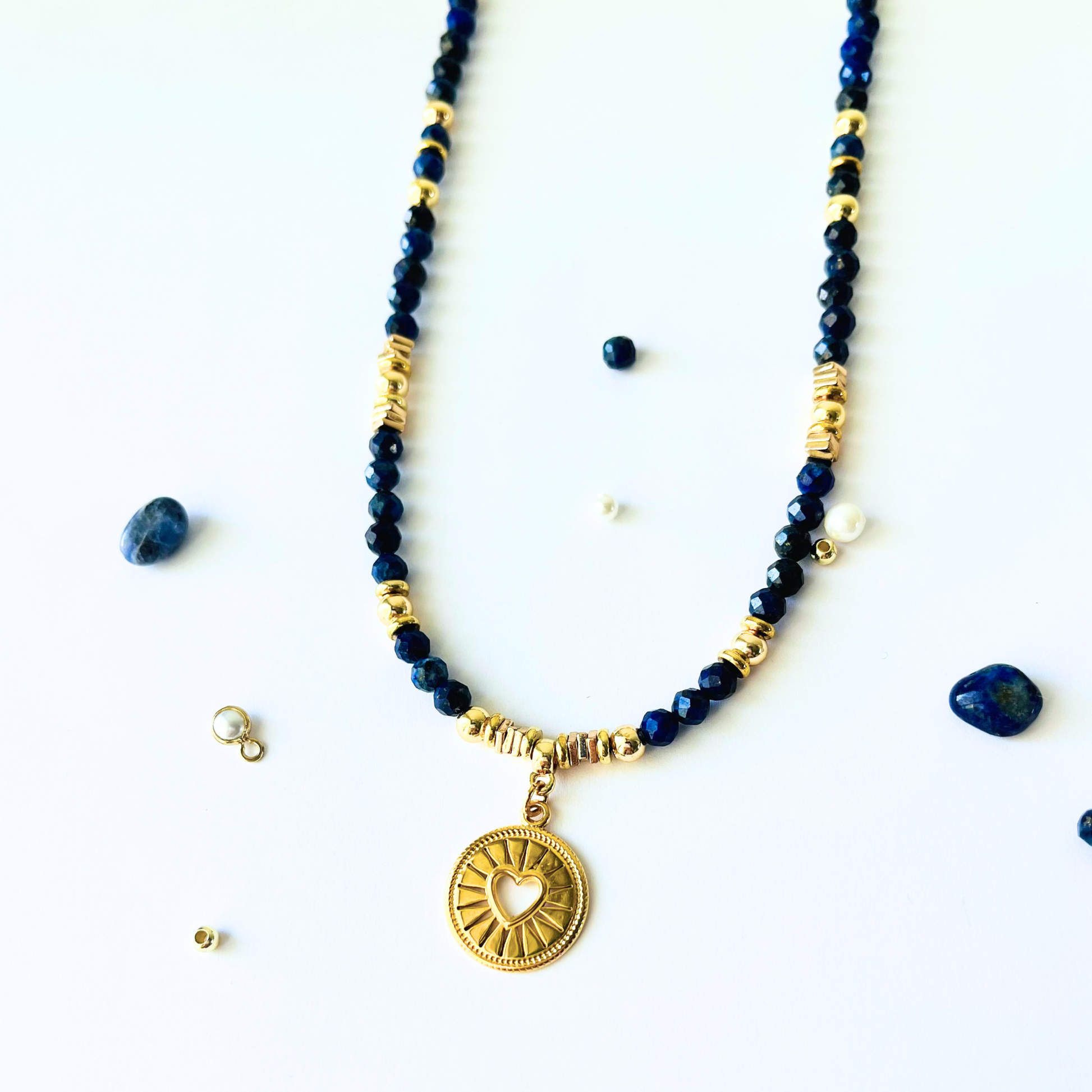 Lapis Lazuli Gemstone Necklace | Gold Plated Open Heart Circle Pendant Gemstone Necklace