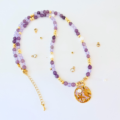 Lavender Chalcedony Necklace | Gold Ocean Treasures & Pearl Pendant Gemstone Necklace
