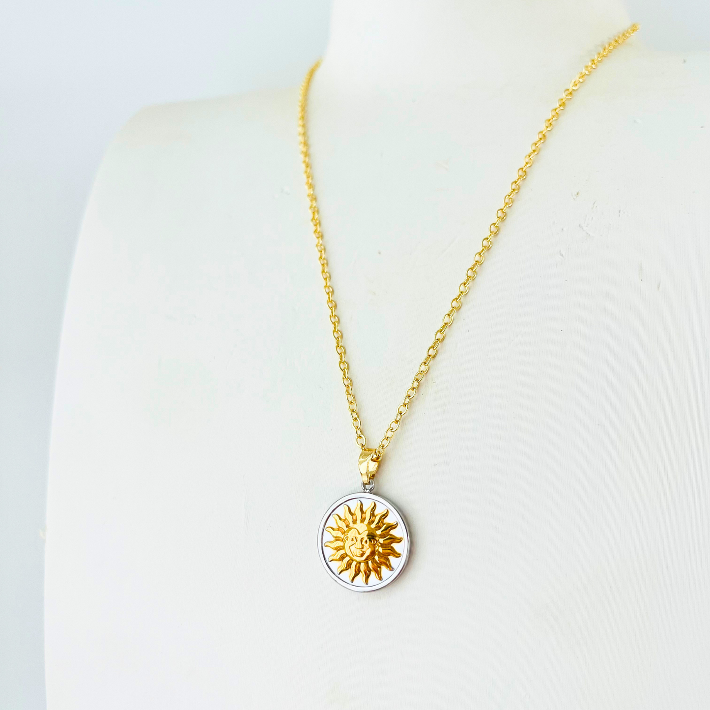 Two-Tone Vintage Sun Necklace | Gold Plated Chain with Water-Resistant Pendant Necklace