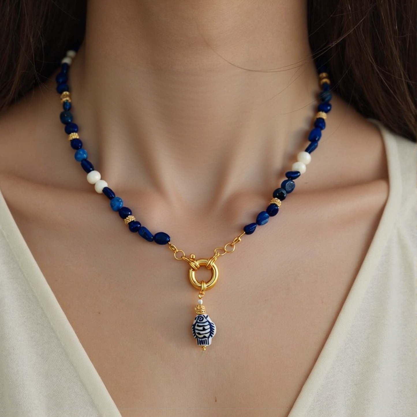 Fish Porcelain Charm Pendant - Blue & White Interchangeable Pendant