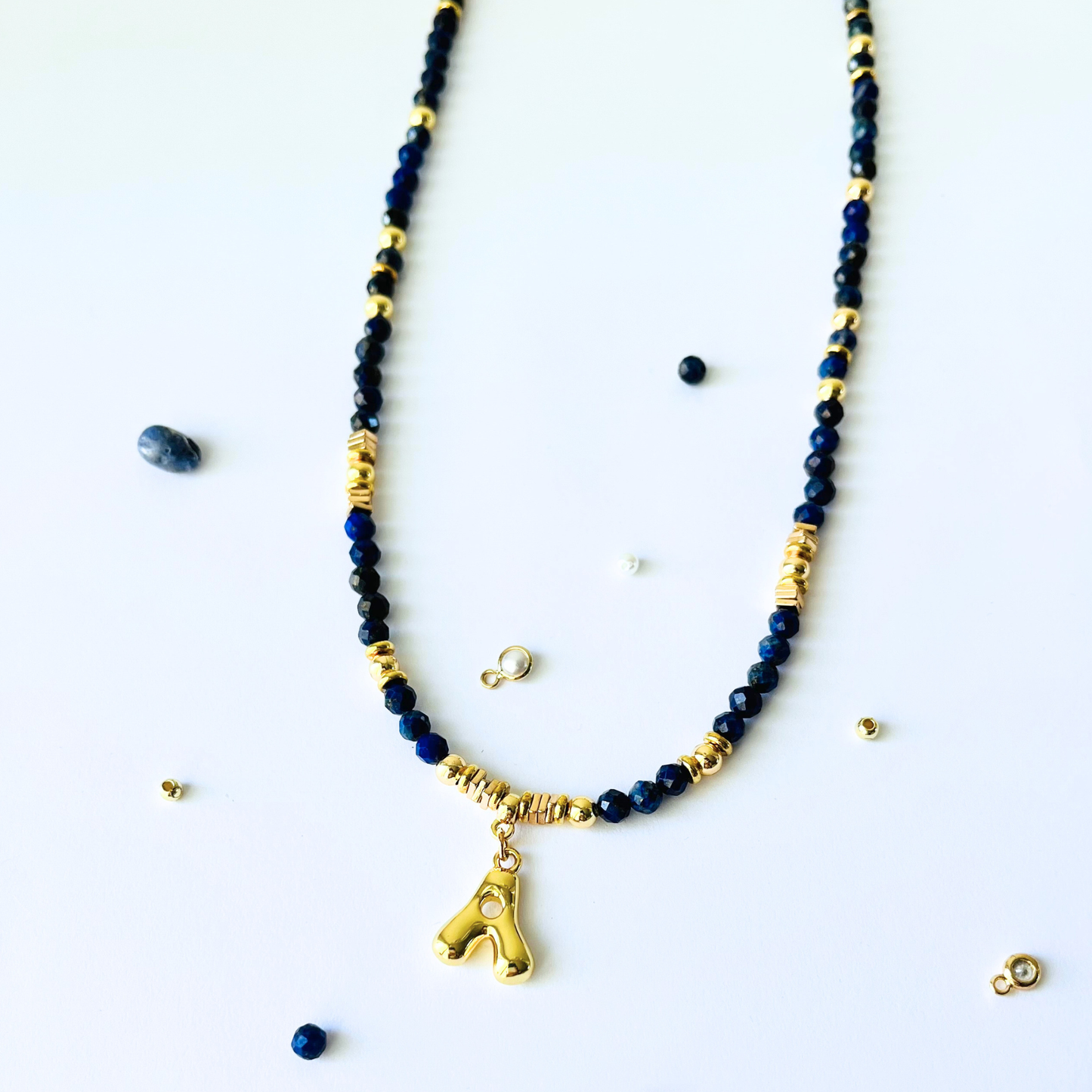 Lapis Lazuli Gemstone Necklace Customizable Bubble Letter Pendant Initial Charm Gemstone Necklace