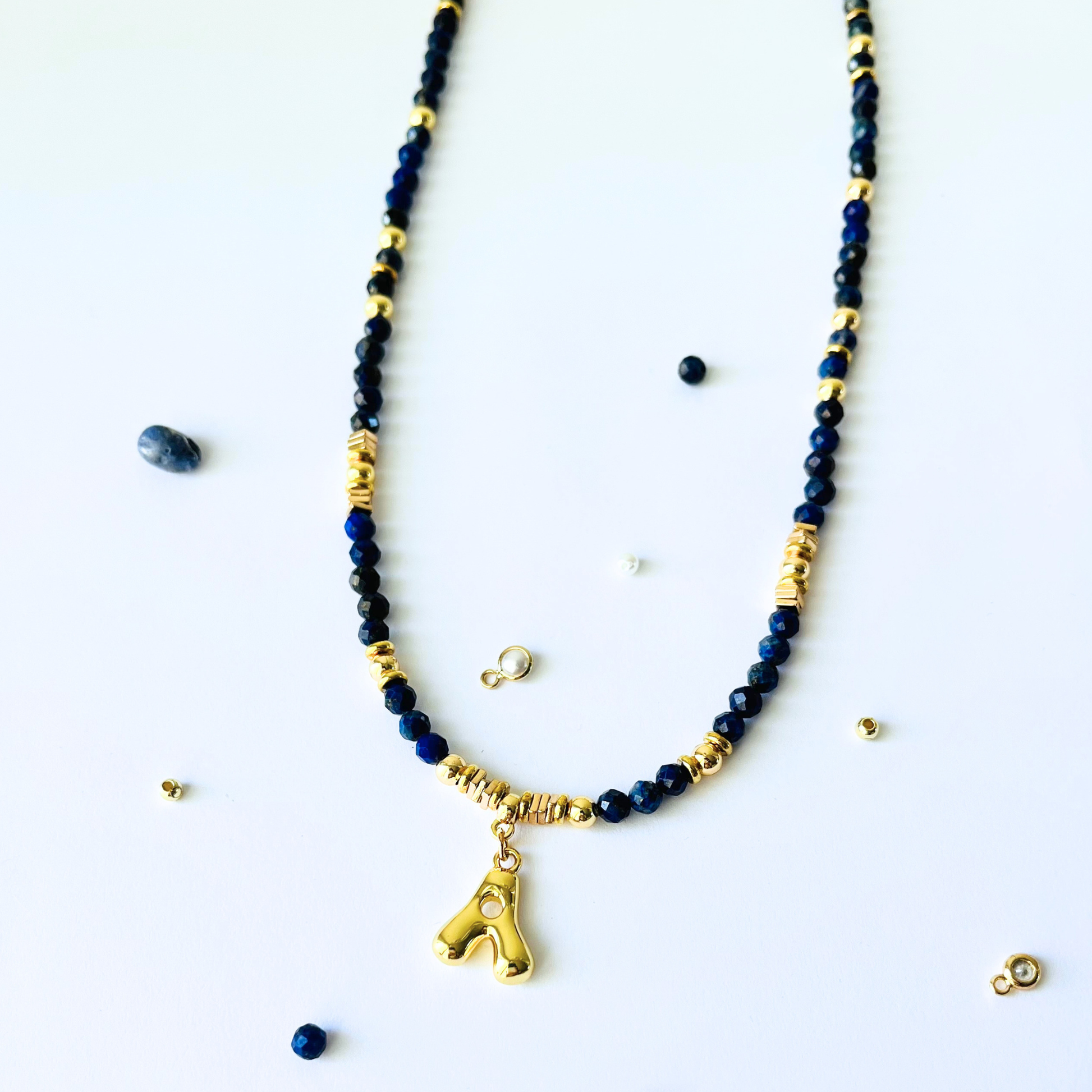 Lapis Lazuli Gemstone Necklace Customizable Bubble Letter Pendant Initial Charm Gemstone Necklace
