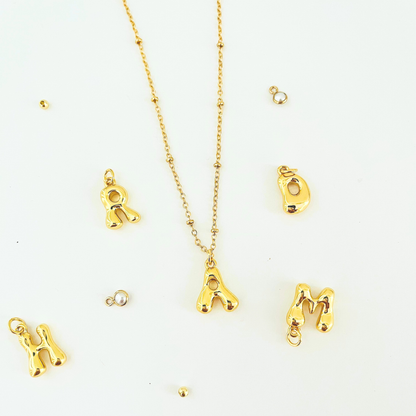 14K Gold Plated Bubble Letter Initial Necklace | Personalized Alphabet Charm Gemstone Necklace