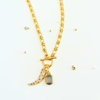 Toggle Clasp Chunky Necklace | Multi-Colour Tusk & Glass Bead Pendant | 14K Gold Plated Necklace