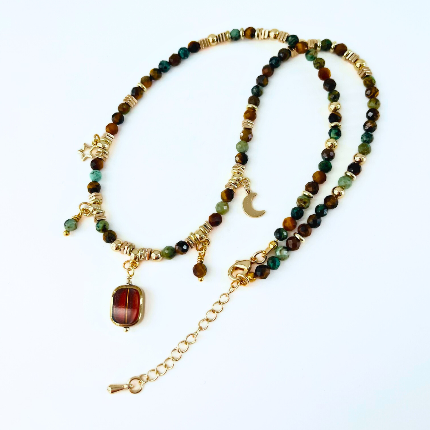 African Turquoise & Tiger Eye Gemstone Necklace - Boho Moon Star Charm