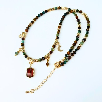 African Turquoise & Tiger Eye Gemstone Necklace - Boho Moon Star Charm