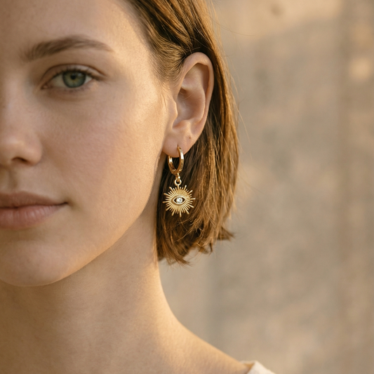 Sunburst Evil Eye Huggie Earrings | Blue & Clear CZ | 14K Gold Plated