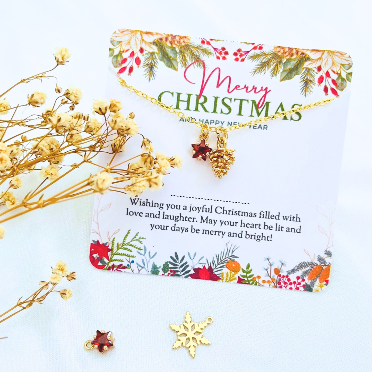 Red Star Christmas Necklace - Snowflake, Pinecone & Reindeer Charm