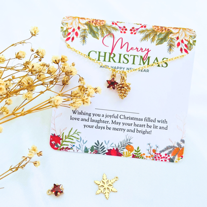 Red Star Christmas Necklace - Snowflake, Pinecone & Reindeer Charm