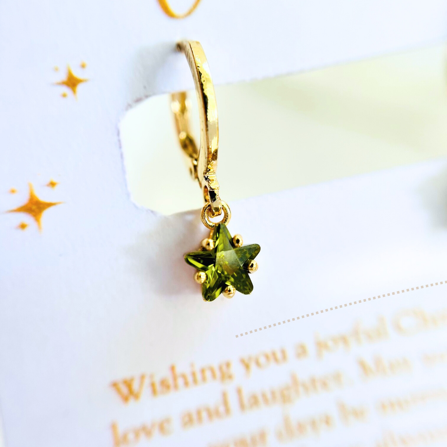 Birthstone Star Earrings with Gold Christmas Card - Jan to Dec - Personalized Gift