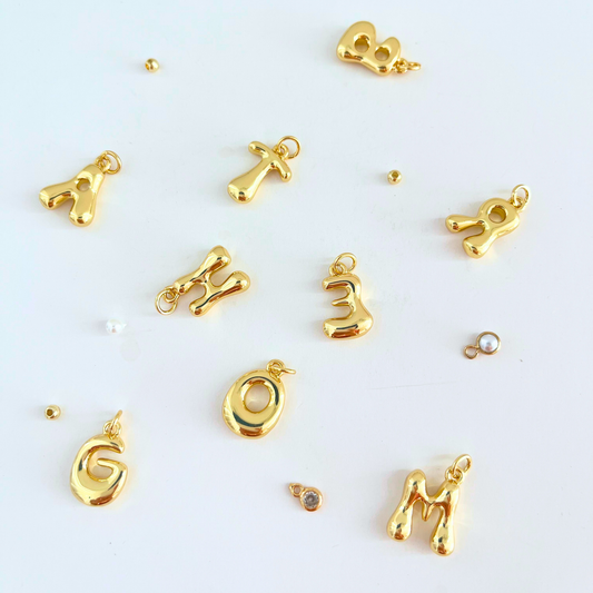 14K Gold Plated Bubble Letter Initial Necklace | Personalized Alphabet Charm Gemstone Necklace
