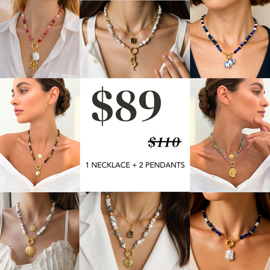 3-Piece Essential Gemstone Set: 1 Necklace + 2 Interchangeable Charms Gemstone Necklace