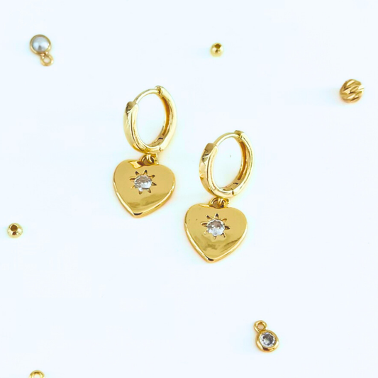 CZ Heart Gold Plated Chunky Huggie Hoop Earrings - Symbol Jewellery Earrings