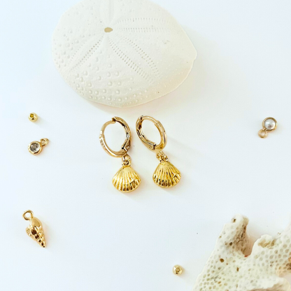 Scallop Earrings - Gold Plated Hoop Earrings with Shell Charm