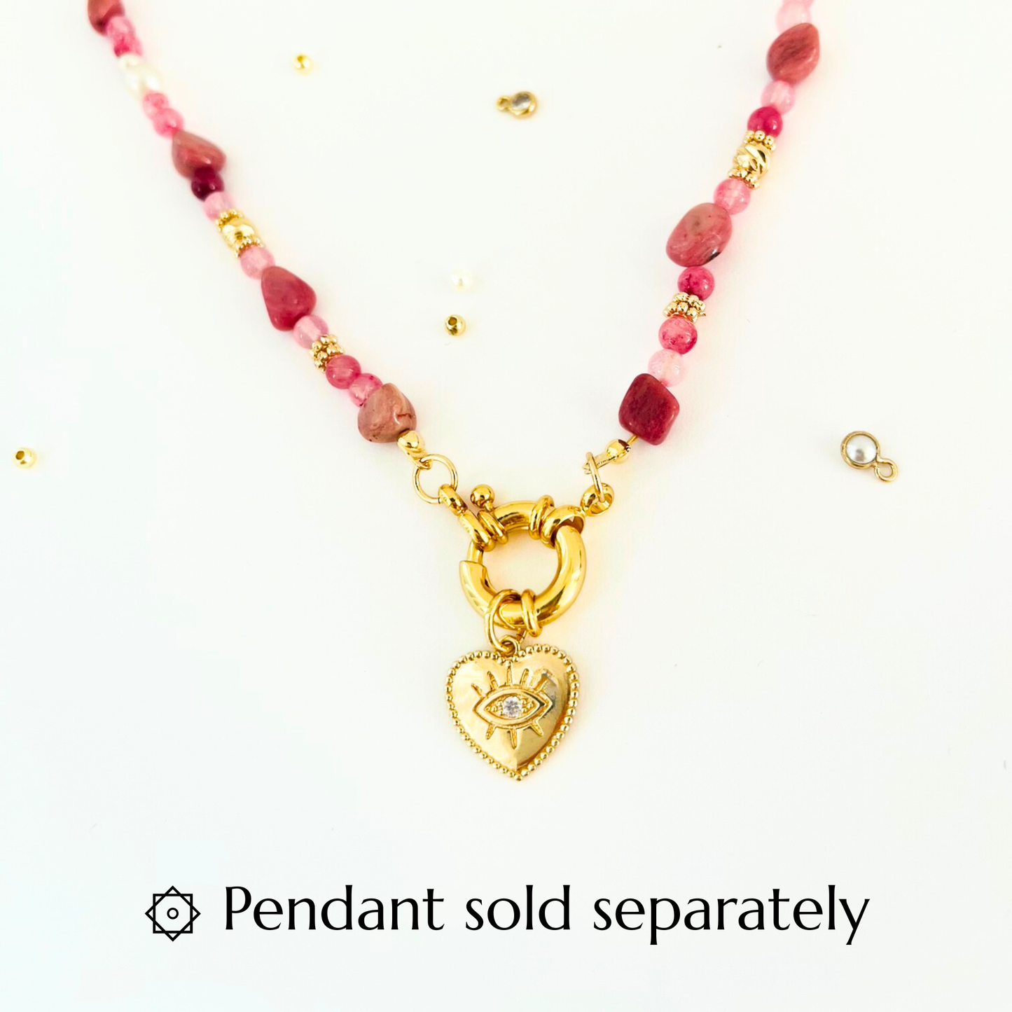 Pink Rhodochrosite and Pearl Natural Gemstone Necklace - Gold Plated Interchangeable Clasp Gemstone Necklace