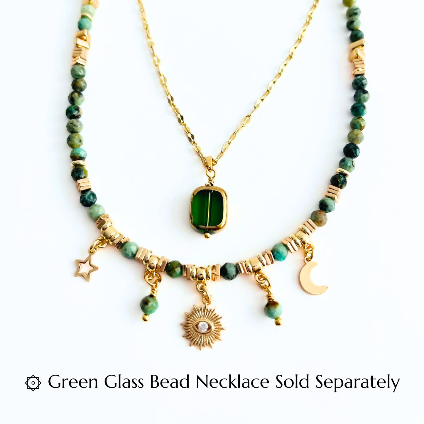 African Turquoise Gemstone Necklace with Evil Eye Sun Moon Star Charms