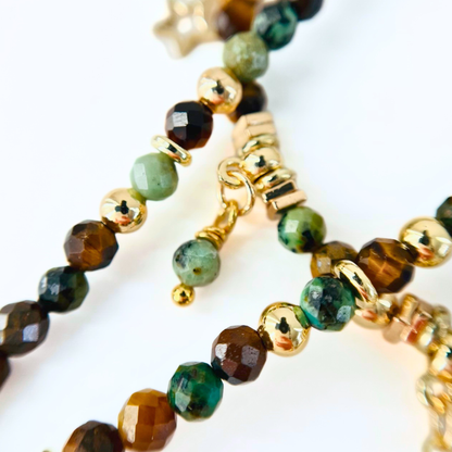 African Turquoise & Tiger Eye Gemstone Necklace - Boho Moon Star Charm