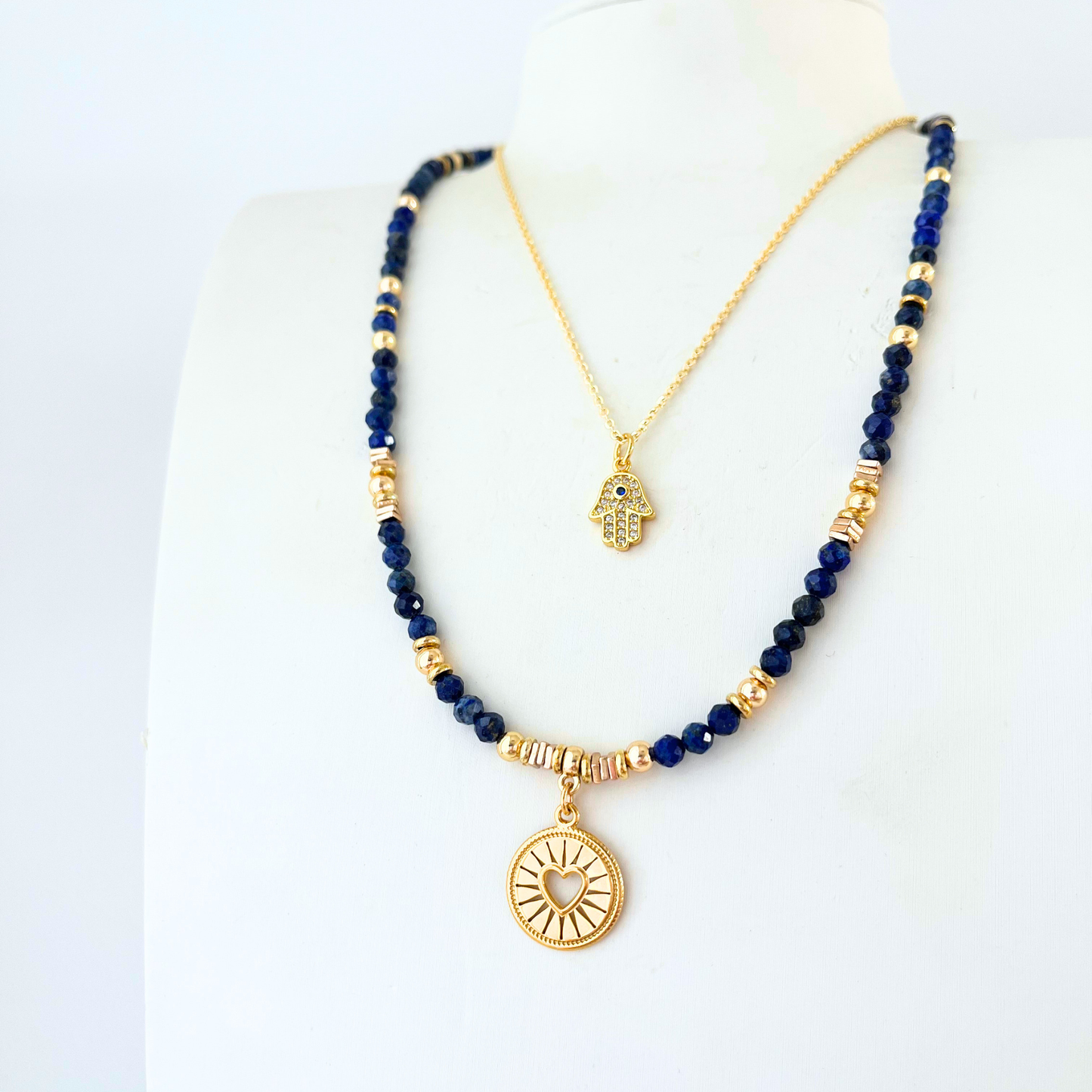Lapis Lazuli Gemstone Necklace | Gold Plated Open Heart Circle Pendant Gemstone Necklace
