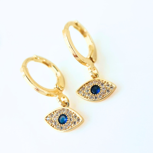 Evil Eye Huggie Earrings | Blue & Clear CZ | 14K Gold Plated Earrings