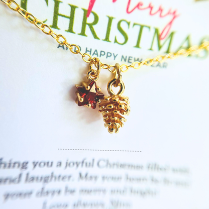 Red Star Christmas Necklace - Snowflake, Pinecone & Reindeer Charm