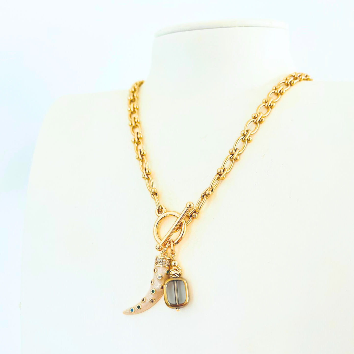 Toggle Clasp Chunky Necklace | Multi-Colour Tusk & Glass Bead Pendant | 14K Gold Plated Necklace