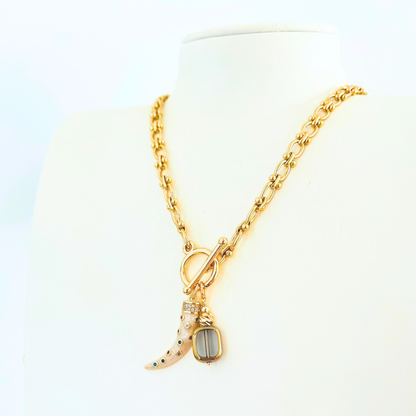 Toggle Clasp Chunky Necklace | Multi-Colour Tusk & Glass Bead Pendant | 14K Gold Plated Necklace