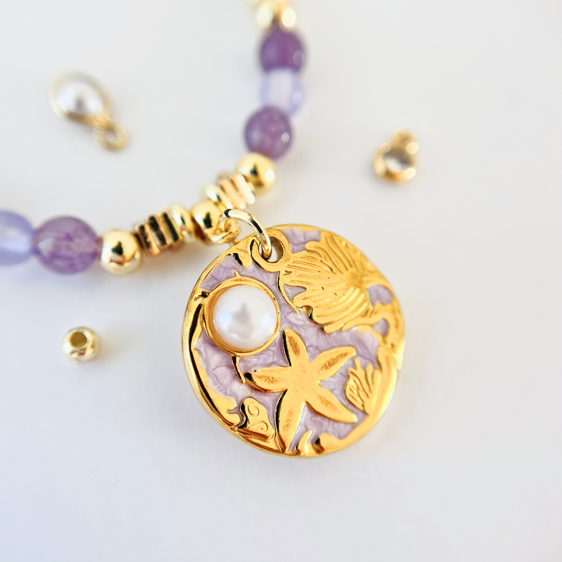 Lavender Chalcedony Necklace | Gold Ocean Treasures & Pearl Pendant Gemstone Necklace