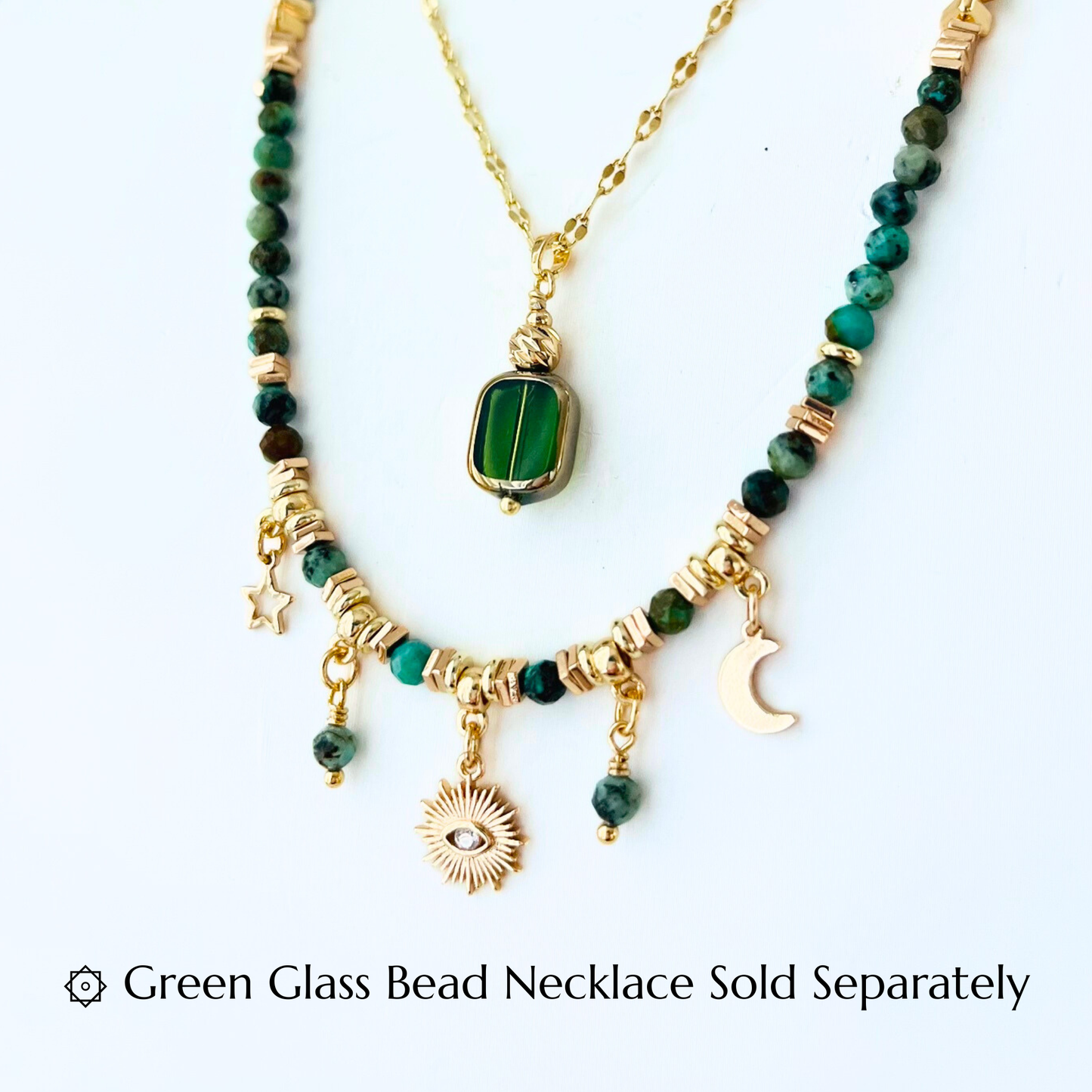 African Turquoise Gemstone Necklace with Evil Eye Sun Moon Star Charms