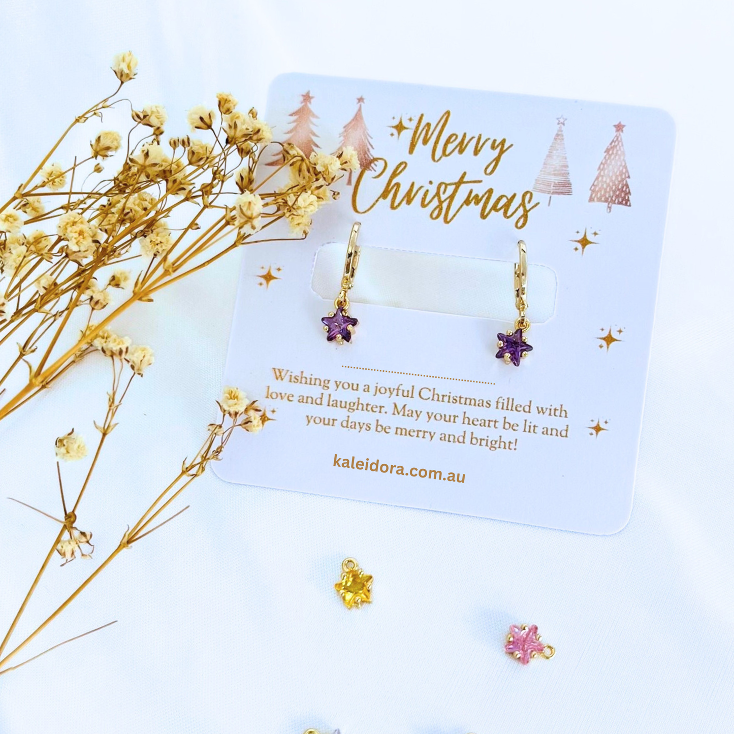 Birthstone Star Earrings with Gold Christmas Card - Jan to Dec - Personalized Gift