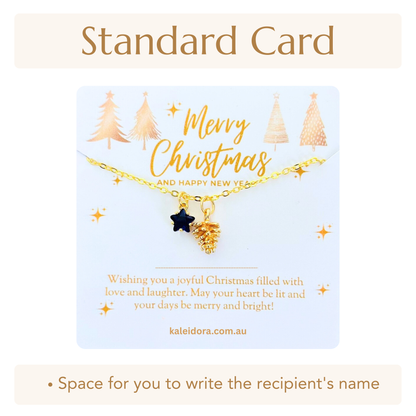 Blue Star Christmas Necklace with Gold Card - Snowflake, Pinecone & Reindeer Charm