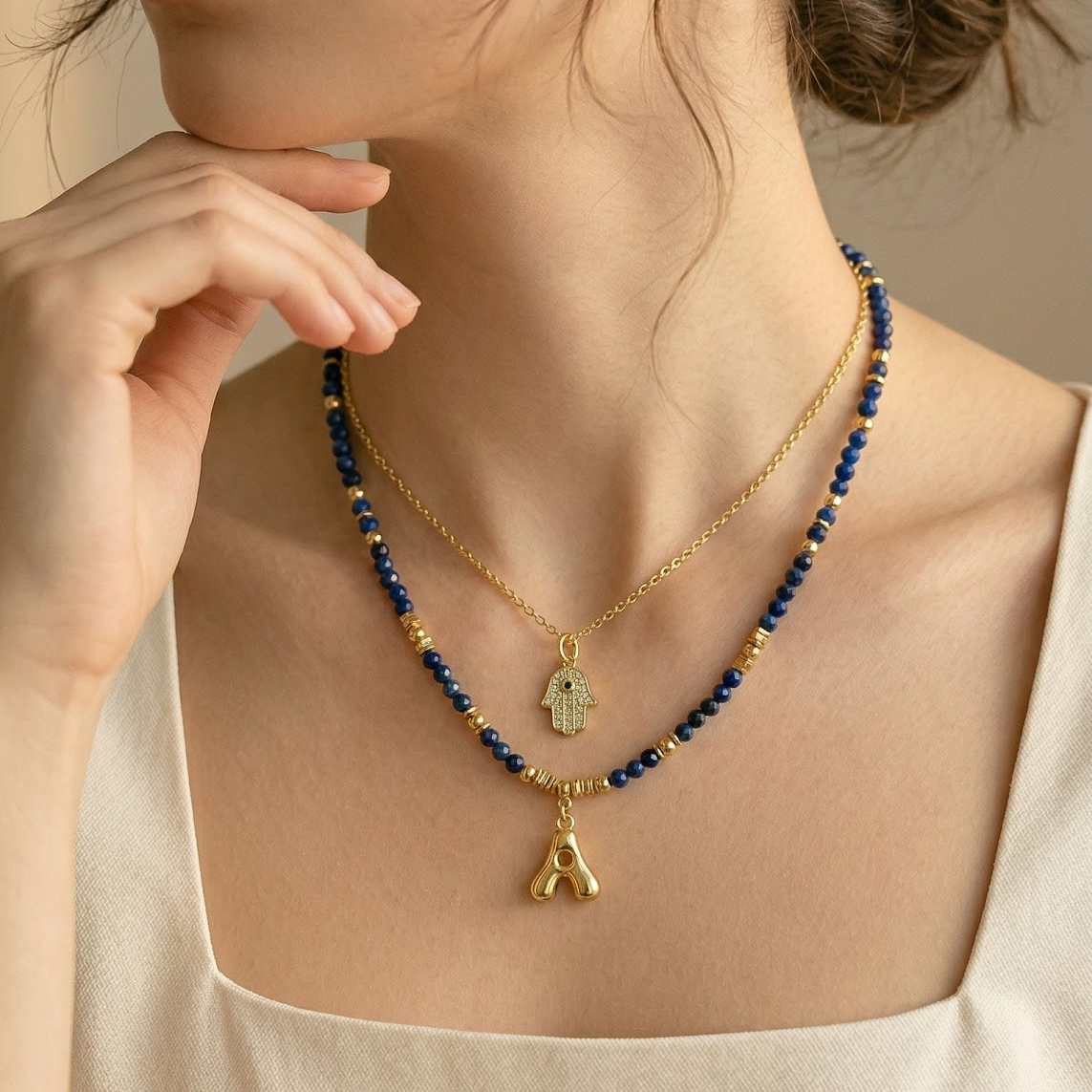 Lapis Lazuli Gemstone Necklace Customizable Bubble Letter Pendant Initial Charm Gemstone Necklace