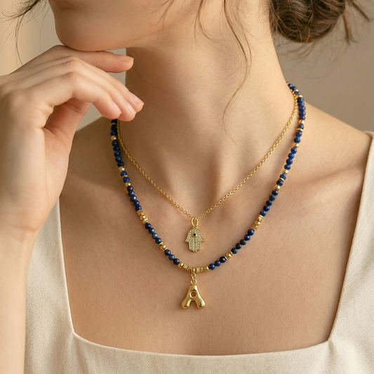 Lapis Lazuli Gemstone Necklace Customizable Bubble Letter Pendant Initial Charm Gemstone Necklace