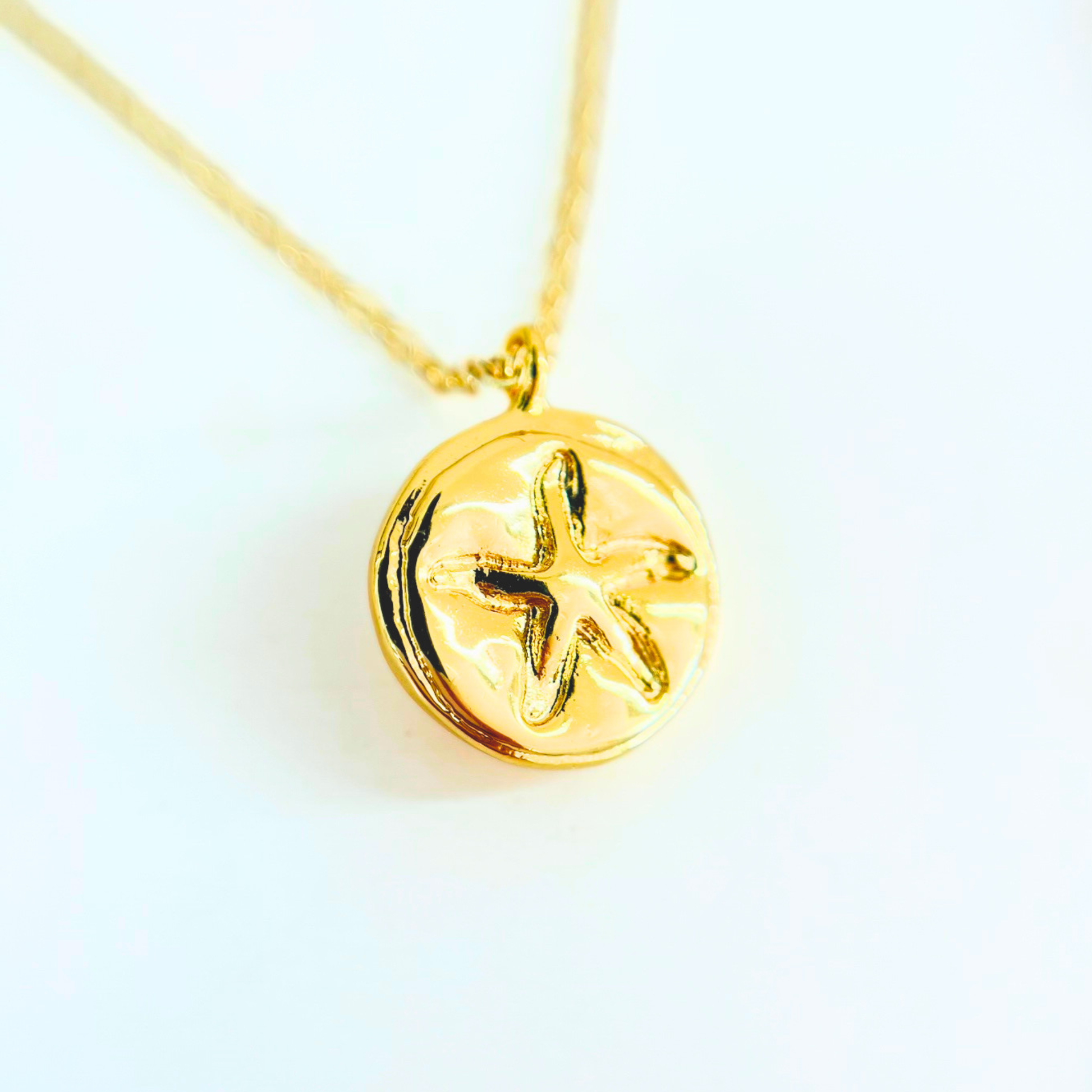 Ocean Treasures | 14K Gold Plated Starfish Fossil Necklace | Textured Coin Pendant Necklace